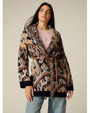 Oltre Cardigan Lungo Misto Lana Con Frange E Cristalli Donna, Taglia - Marrone
