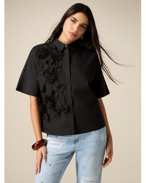 Oltre Camicia Maniche Corte Con Applicazioni Floreali Donna, Taglia - Nero