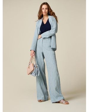 Oltre Pantaloni Palazzo Gessati Effetto Crinkle Donna, Taglia - Blu