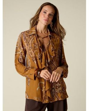 Oltre Blusa Fantasia Con Volant Donna, Taglia - Marrone
