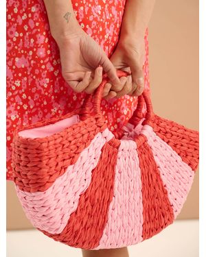 OMNES Lottie Stripe Paper Straw Bag - Red