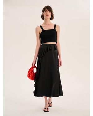 OMNES Udita Ruffle Detail Midi Satin Skirt - White