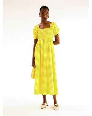 OMNES Megan Gingham Print Shirred Midi Dress - Yellow