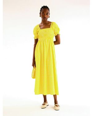 OMNES Megan Gingham Print Shirred Midi Dress - Metallic