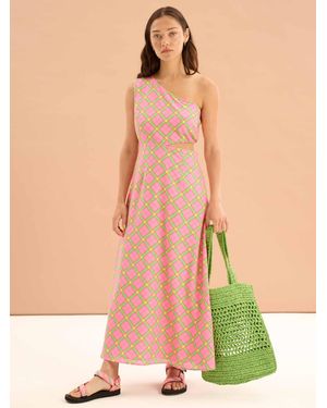OMNES Evaline Check Print One Shoulder Dress - Natural