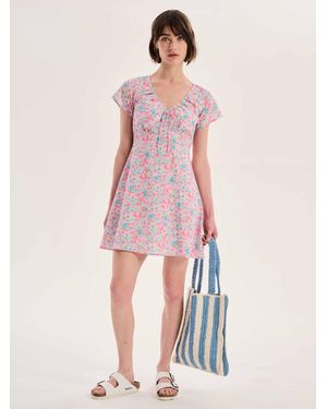 OMNES Dotty V Neck Ruched Mini Dress - Pink