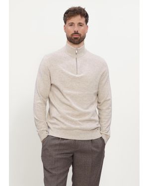 Profuomo Herren Pullover & Cardigans Pullover Half Zip New Wool Blend - Natur