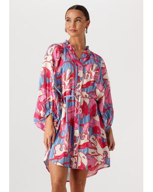Pom Damen Kleider Dress Urban Flora Stripe Linen - Rot