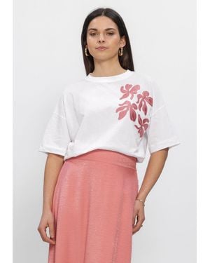 Jansen Amsterdam Damen Tops & T-Shirts Riley Shirt Co 184 Short Sleeve Wide Fit Satin Embroidery Flower - Weiß