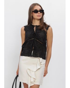 ROUGE EDIT Damen Tops & T-Shirts Rouivy S/L Tie Neck Top - Schwarz