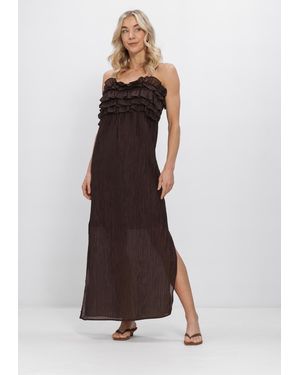 Object Damen Kleider Objlyne S/L Re Long Dress - Braun