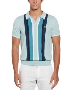 Original Penguin Vertical Stripe Johnny Collar Jumper Polo Shirt In Blue Haze