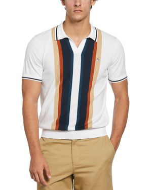 Original Penguin Vertical Stripe Johnny Collar Jumper Polo Shirt In Bright White - Blue