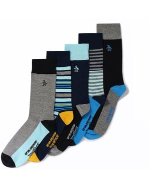 Original Penguin 5 Pack Mixed Striped Socks In Navy - Blue