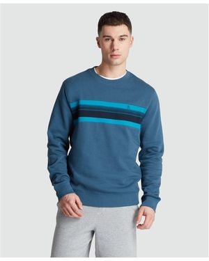 Original Penguin Fleece Chest Stripe Crew Neck Jumper In Blue Wing Teal