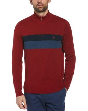 Original Penguin 1/4 Zip Colour Block Jumper In Red Dahlia