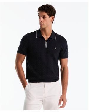 Original Penguin Links Stitch Quarter Zip Jumper Polo In Dark Sapphire - Black