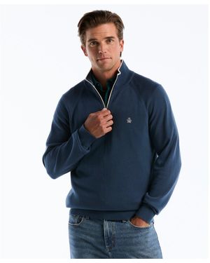 Original Penguin Cotton Textured Quarter Zip Jumper In Sargasso Sea - Blue