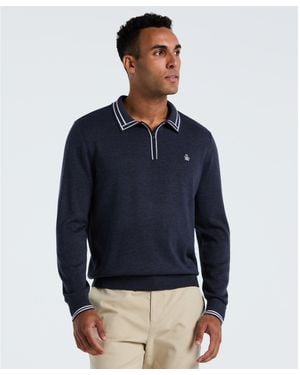 Original Penguin Tipped Quarter Zip Long Sleeve Jumper Polo In Dark Sapphire Heather - Blue