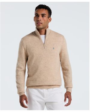 Original Penguin Lambswool Quarter Zip Jumper In Birch - Natural