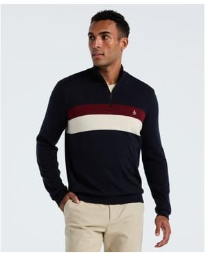 Original Penguin Cotton Colourblock Quarter Zip Jumper In Dark Sapphire - Black