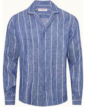 Orlebar Brown Dark Stripe Linen Long Sleeve Shirt - Blue
