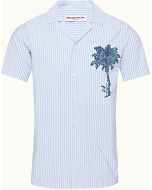 Orlebar Brown Stripe Palm Embroidery Capri Collar Cotton Shirt - Blue