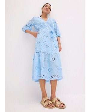 bonprix Midikleid Mit V-Ausschnitt, Ausgestellte Passform, Aus Baumwolle - Blau