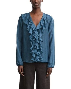 Comma, Langarmbluse Leicht Transparente Jacquard-Bluse Mit Rüschen - Blau