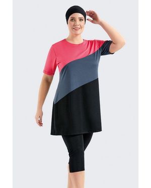 C&City Badeanzug Übergröße Kurzarm Leggings Halbbedeckter Bescheidener Badeanzug - Rot