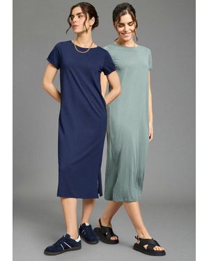 Flashlights Shirtkleid (2Er-Pack) Aus Single Jersey, Bequeme Passform, Mit Seitenschlitzen, Wadenlang - Blau
