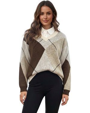 Worldclassca Strickpullover Strickpullover Kariert Karo mit Bluse Kragen V-Ausschnitt Neue Kollektion - Grau