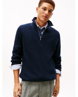 Tommy Hilfiger Troyer Fisherman Rib Zip Mock Relaxed Fit, Stehkragen Mit Reißverschluss - Blau