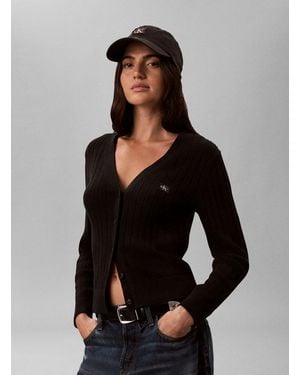 Calvin Klein V-Ausschnitt-Pullover Woven Label Cardigan Regular Fit Mit V-Ausschnitt - Schwarz