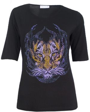Passioni T-Shirt mit Strassstein-Tigerkopf-Motiv - Schwarz