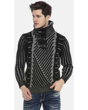 Cipo & Baxx Strickpullover Pullover (1-Tlg) Mit Schnallenkragen, Cp212 - Schwarz