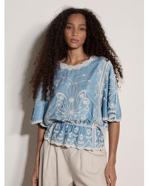 Apricot Blusenshirt Blusenbluse Mit Blumenstickerei Stickerei - Blau