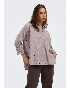 ONLY Hemdbluse Onlnew Lina Grace Ls Stripe Emb Shirt Materialmix, Herzchen Stickerei - Braun