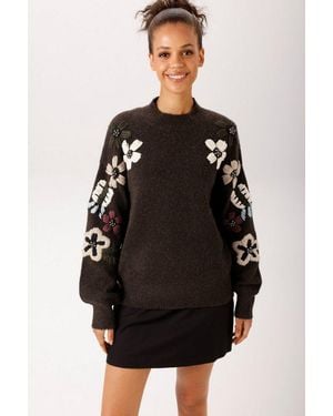 Aniston CASUAL Strickpullover Mit Handbestickten Blüten Und Zierperlen - Schwarz
