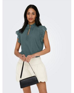 ONLY Spitzenbluse Onllandau Dobby Frill V-Neck Top Wvn Kunstfaser - Blau