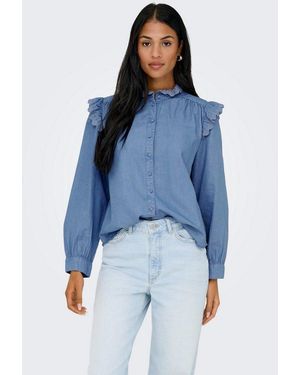 ONLY Jeansbluse Onlpiper L/S Emb Frill Dnm Shirt Qyt Mit Rüschen - Blau