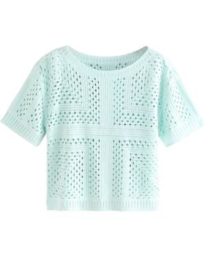 Next Kurzarmpullover T-Shirt mit gehäkeltem Ausschnitt (1-tlg) - Blau