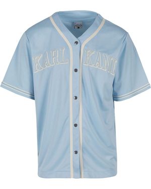 Karlkani Kurzarmhemd College Baseballshirt mit plakativem Markenlogo und Streifen - Blau