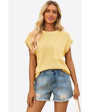 Imily Bela Kurzarmpullover Damen Trendige Strickshirt Mit Brusttasche (Packung, 1-Tlg. 1Per-Pack) Einfarbig - Blau