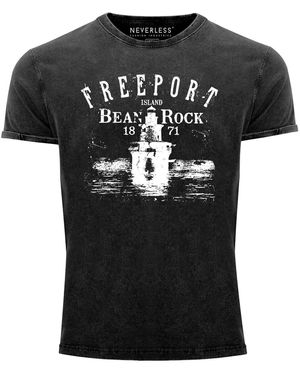 Neverless Vintage Shirt Retro Leuchturm Schriftzug Freeport Island mit Print - Schwarz