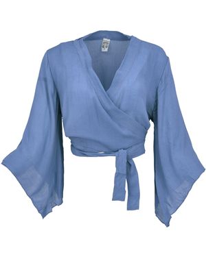 Guru-Shop Longbluse Kurztop, Boho Blusentop, Wickeltop, Wickelbluse.. alternative Bekleidung - Blau