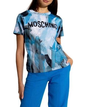 Moschino T-Shirt Couture Gothic Bemaltes Brushstrock Arch Tee Kontrastreicher Eyecatcher Auf Kunstvollem Hintergrund - Blau