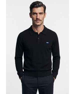 HUGO Strickpullover San Patty Polokragen, Knopfleiste, Regular Fit, Reine Baumwolle - Blau