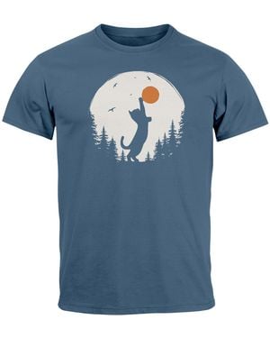 Neverless T-Shirt Frontprint Katze Silhouette Natur Aufdruck Printshirt mit Print - Blau