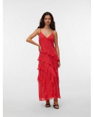 Vero Moda Trägerkleid Vmsmilla S/L V-Neck Long Frill Dress Wvn Kunstfaser - Rot